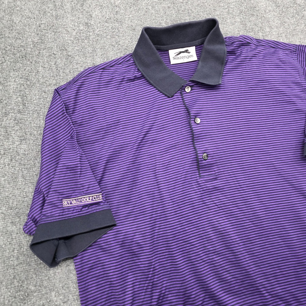 Vtg Slazenger Mens Large Purple Striped Golf Polo Shirt Sky Valley Golf Club